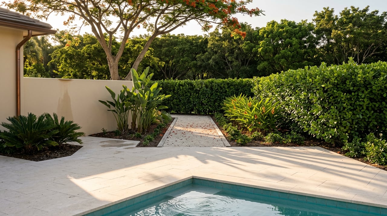 A coral-stone courtyard opens onto a shell-aggregate garden path beneath a flowering tree, enclosed by a clipped hedge.
