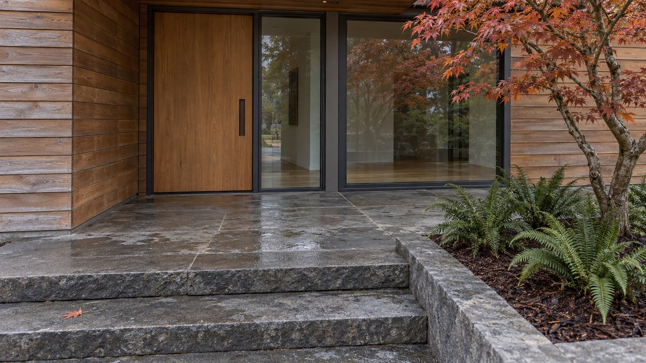 Cedar-clad modern entrance with graphite-framed glazing, rain-darkened basalt steps, a copper-leaved vine maple and sword ferns.