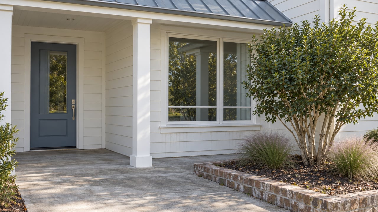 Coastal home with slate-blue entry door, white-framed window, concrete path, and pruned holly beside ornamental grasses.