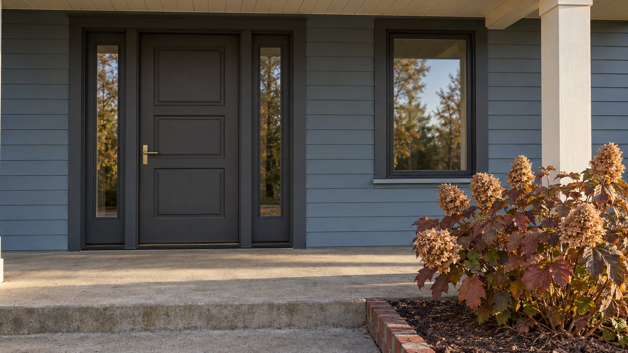Covered home entry with muted blue siding, a charcoal door and glazed sidelights, a concrete step and bronze oakleaf hydrangea foliage.