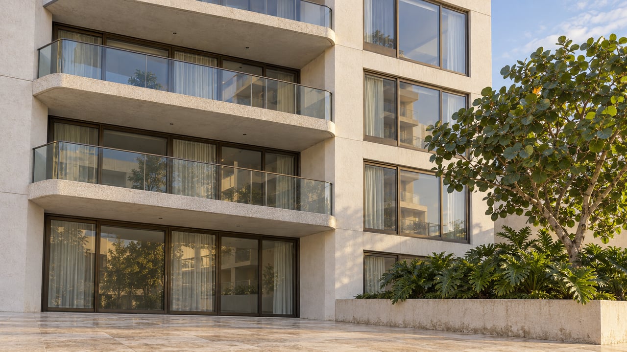 Sunlit residential tower corner with ivory concrete balconies, bronze-framed glazing, and a raised tropical planting bed.