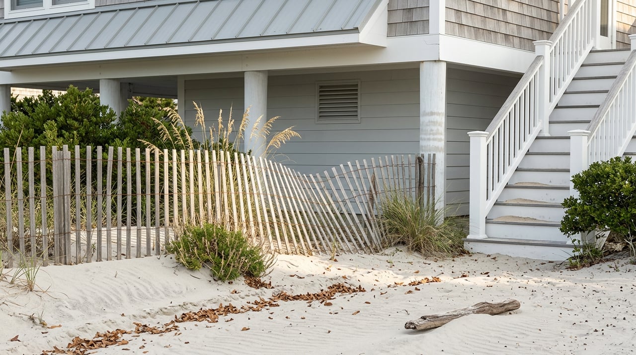 Elevated coastal cottage with white stairs behind a weathered dune fence and grasses on rippled sand.
