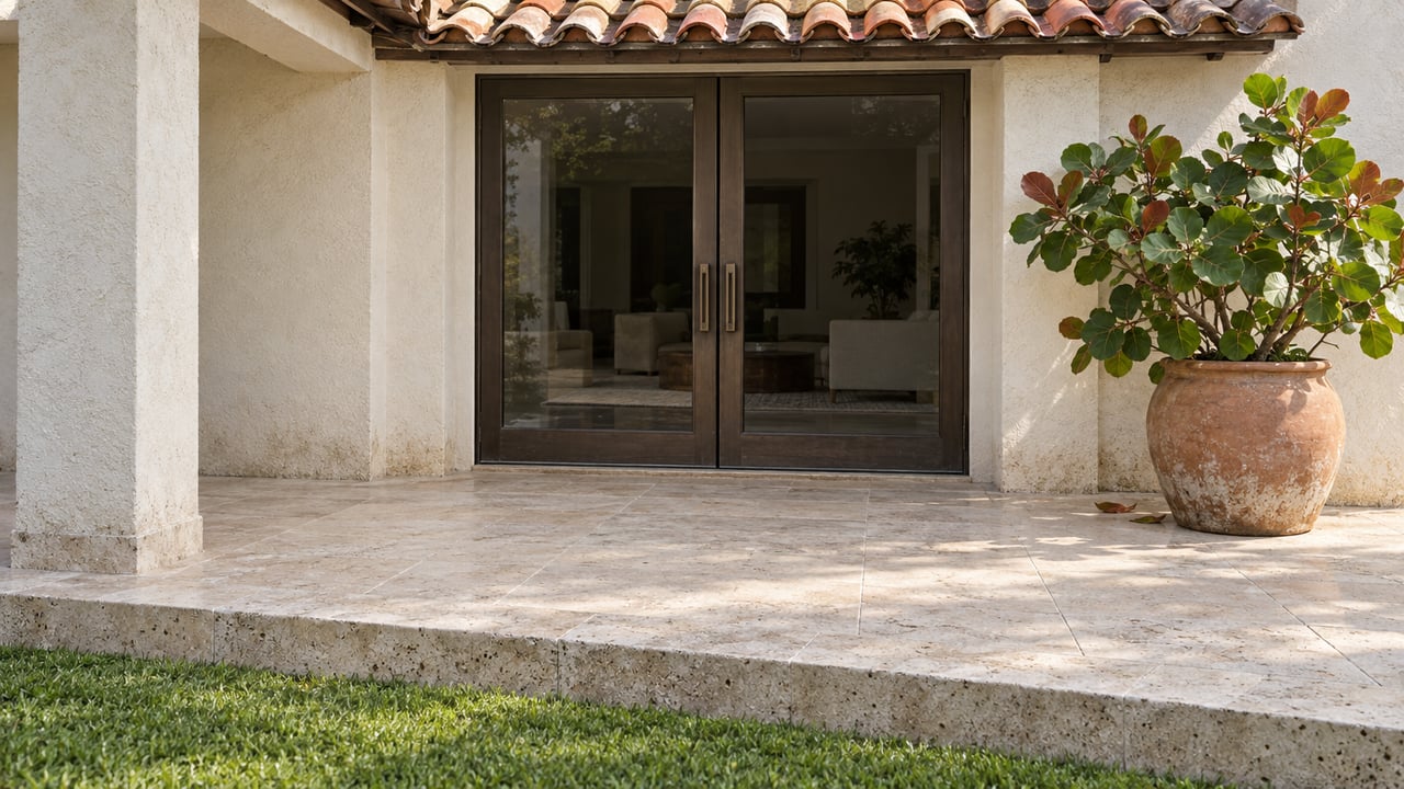 Ivory stucco terrace with bronze-framed double doors, weathered limestone steps and a potted sea grape.