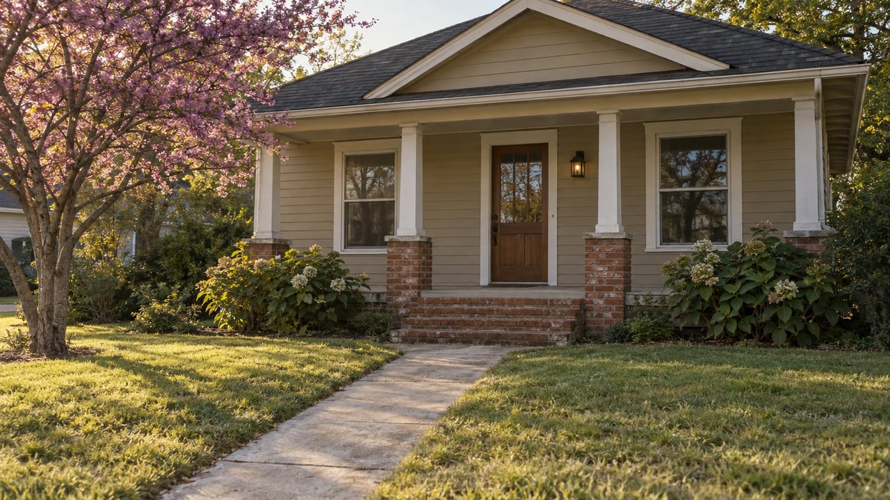 Tan single-story house with a covered porch, brick steps, and a long concrete walk across the lawn.
