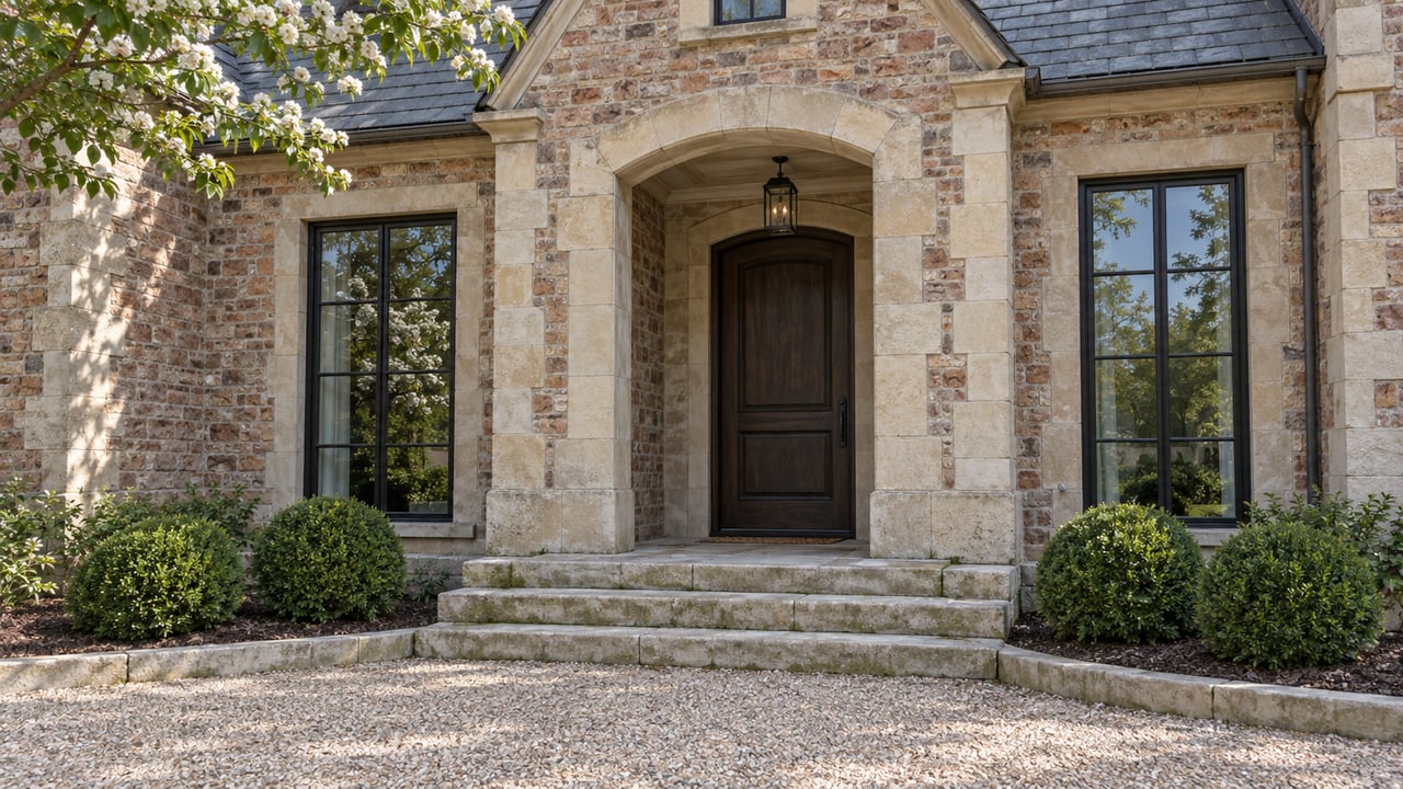 Limestone-and-brick entry with a dark oak door, flanking windows, broad steps, and clipped boxwood mounds.