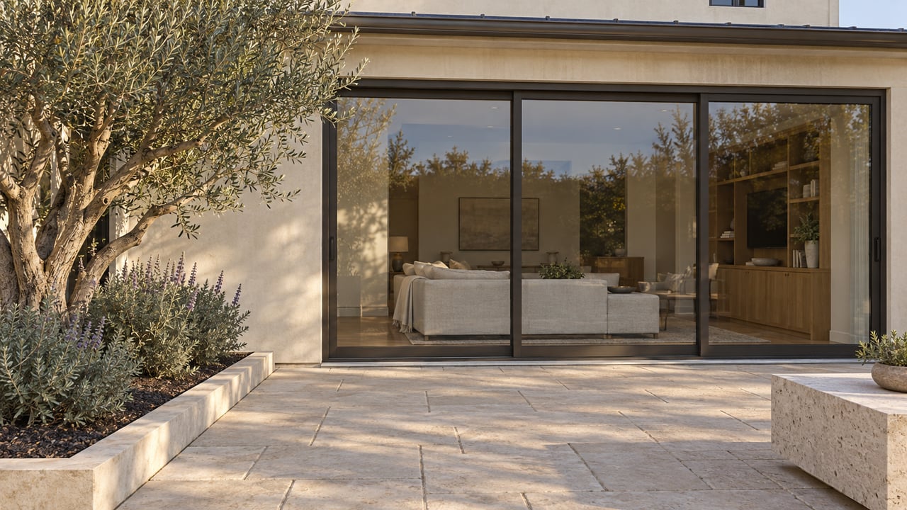 Sunlit pale-stone terrace beside a cream stucco home, with an olive tree and closed glass doors revealing a warm living room.