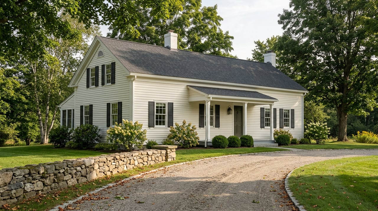 Warm-white clapboard farmhouse behind a curving gravel drive and low fieldstone wall, framed by mature trees.