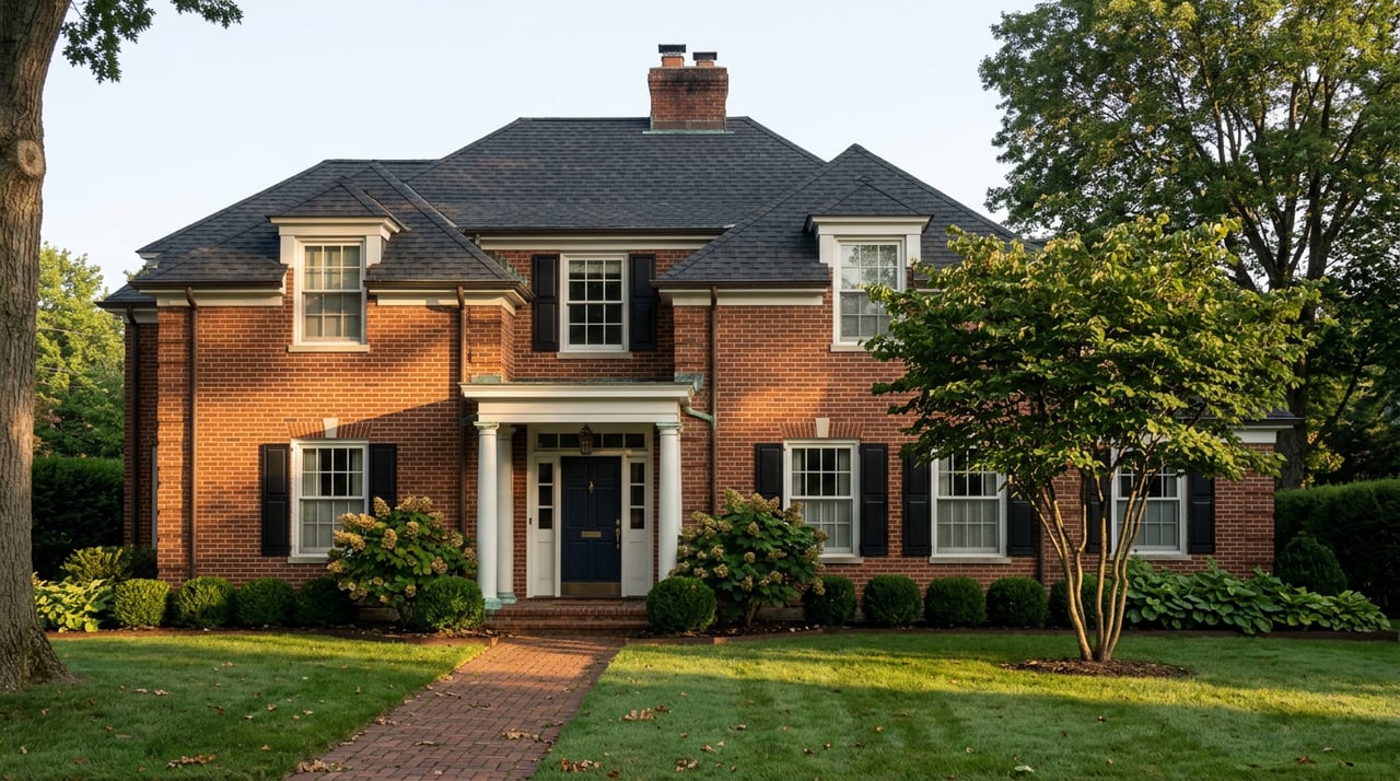 Two-story red-brick Colonial home with white-columned portico, dark shutters, and a lawn dotted with morning dew.