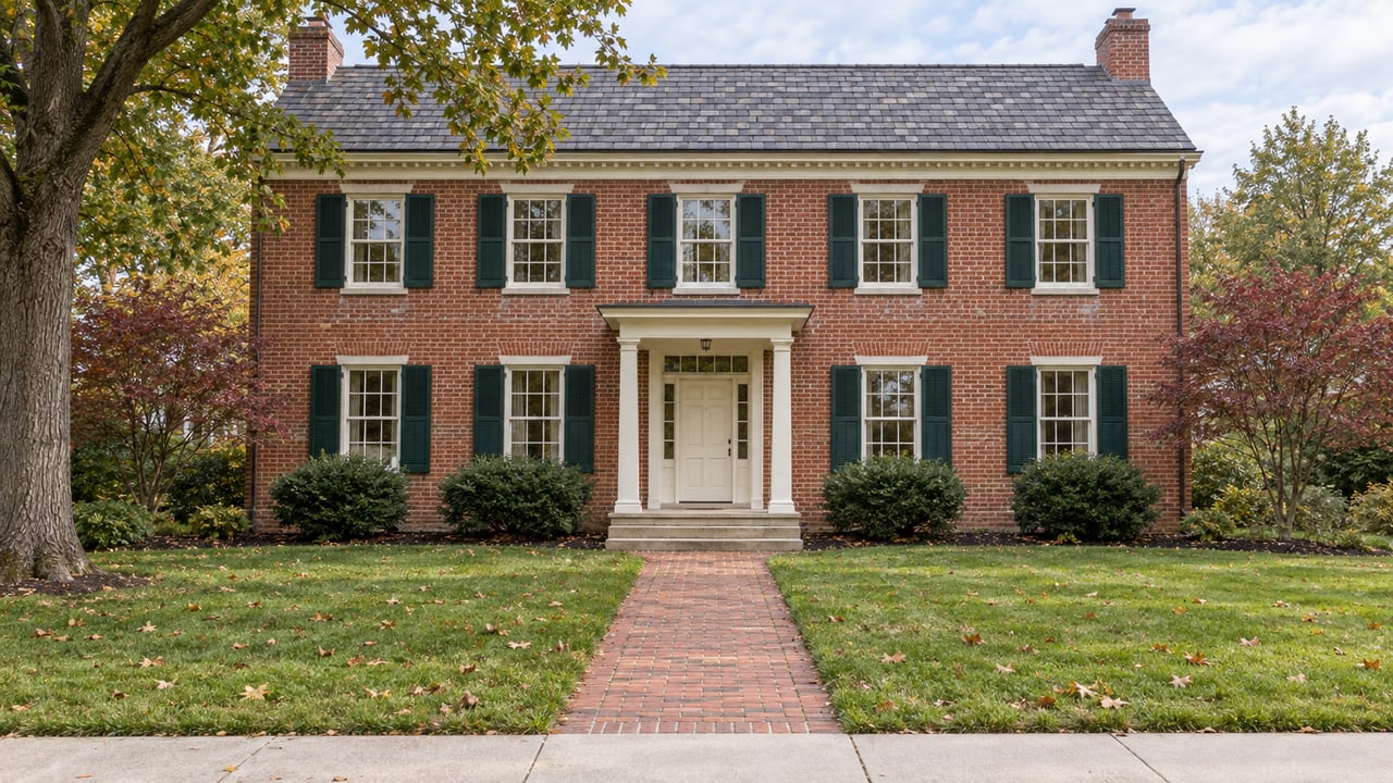 Established two-story brick house with dark green shutters, a centered portico, deep lawn, and mature autumn trees.