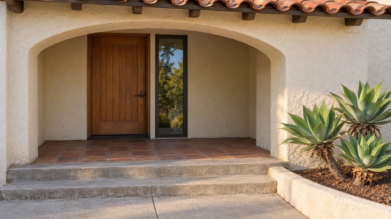 Cream stucco home entrance beneath a clay tile eave, with an oak door, terracotta porch, concrete steps and sculptural aloe.