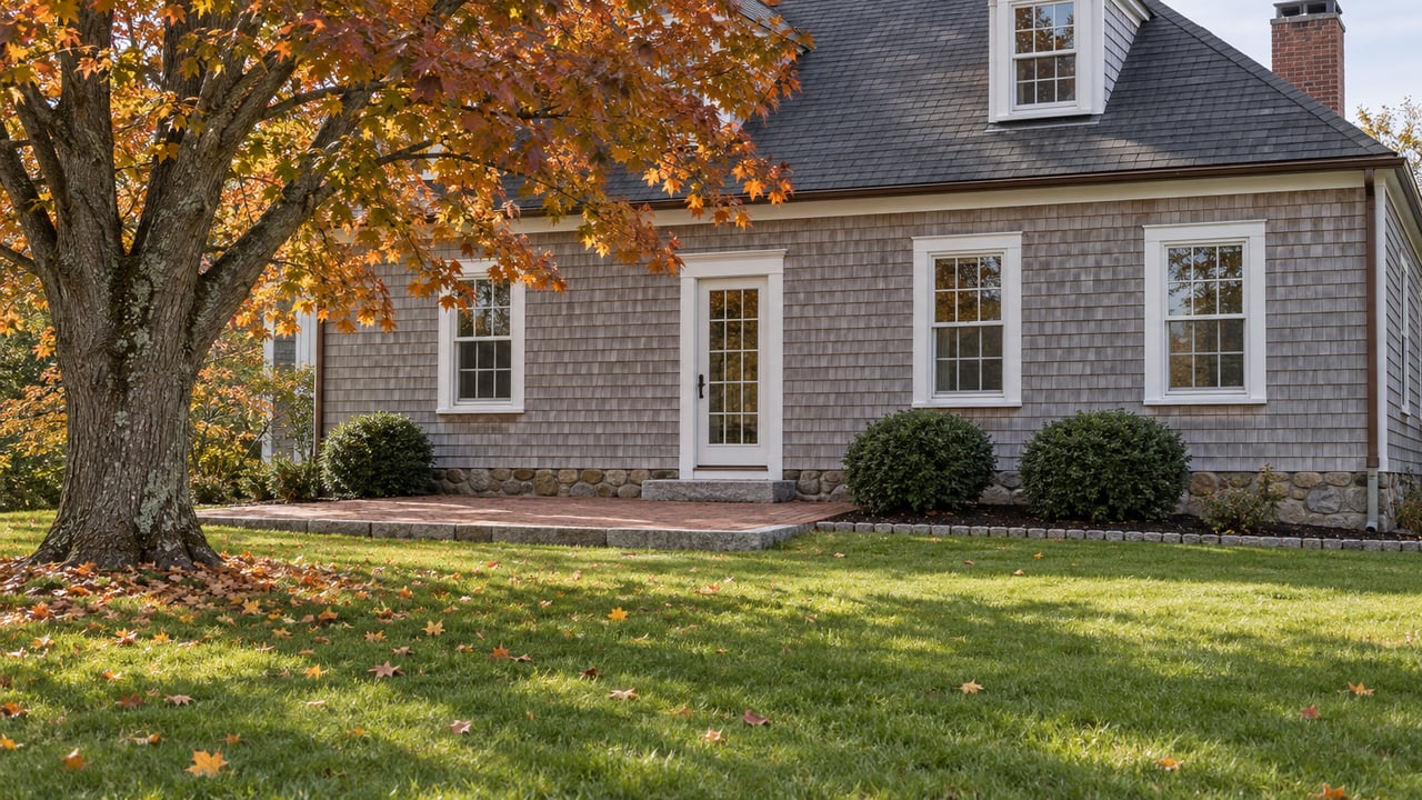 Weathered cedar-shingle home beside a broad autumn lawn, with white-trimmed windows, a brick terrace and an amber-leaved maple.