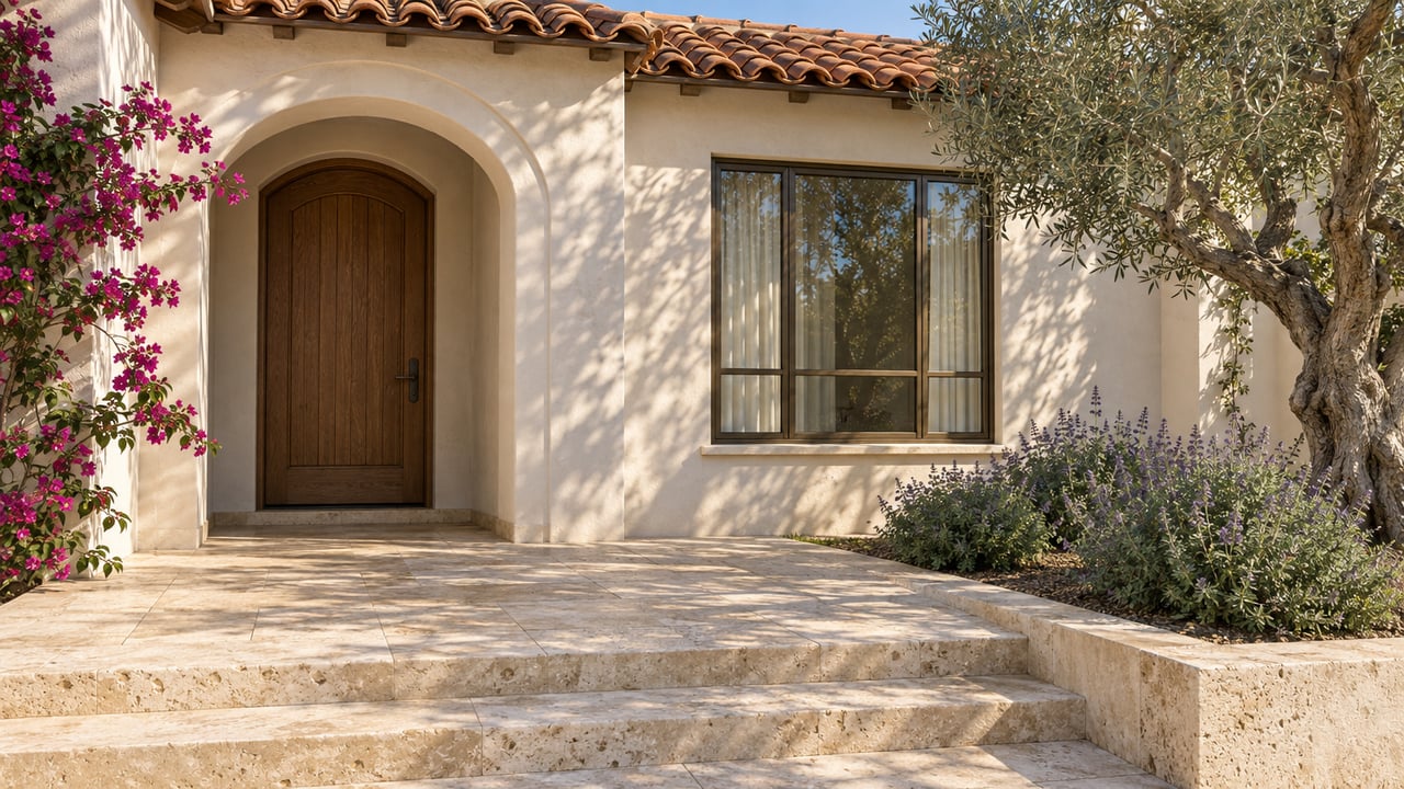Sun-worn terracotta tiles and ivory stucco frame a recessed oak entry beside a bronze-framed window, with limestone paving and a mature olive tree.