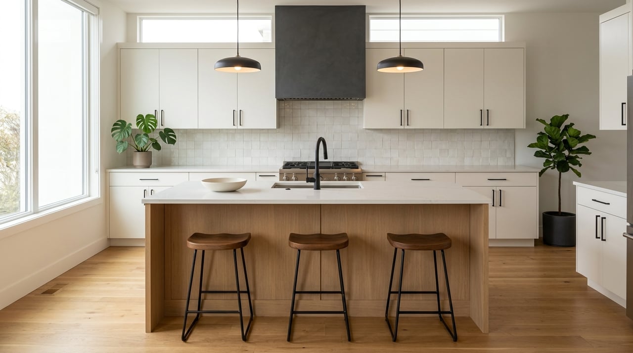 Open-plan kitchen with an oak island and quartz countertop.