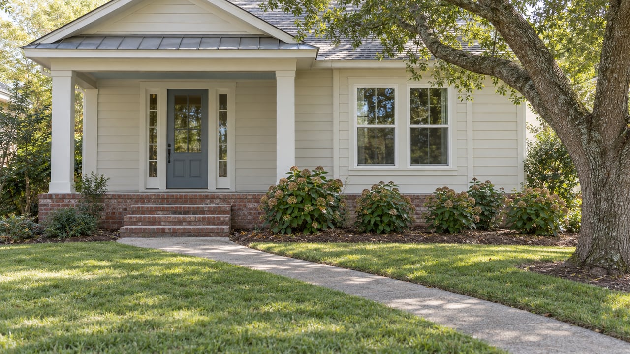 Cream-sided home with a covered front entry, brick steps and a concrete walk crossing a deep lawn beside a spreading live oak.