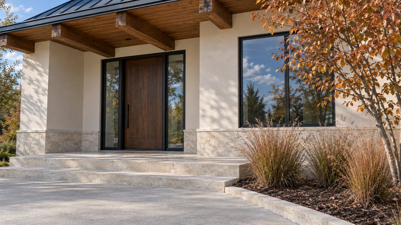 Covered home entrance with pale stone steps, cream stucco, exposed wood beams and black-framed windows beside bronze autumn planting.
