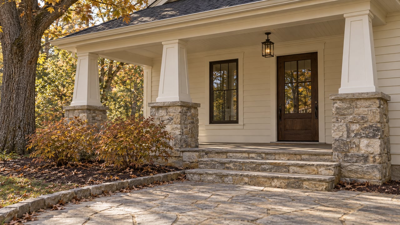 Ivory clapboard porch with tapered columns, a dark wood door, stone steps, and an oak canopy.