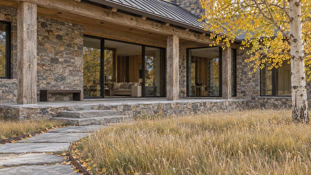 Weathered timber and stone home with enclosed glass bays, a raised stone terrace, and an autumn aspen beside a deep meadow.