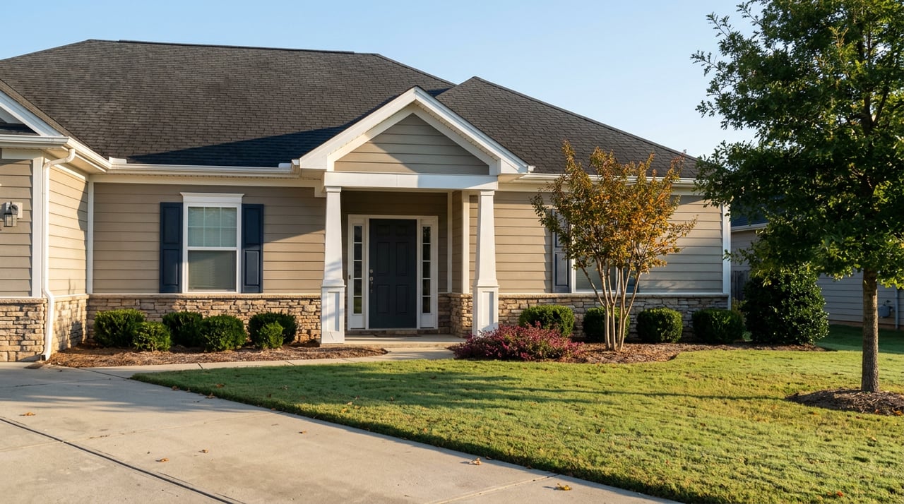 Suburban home entry with a gabled portico, white columns, fieldstone base, navy shutters, and dew-covered lawn.