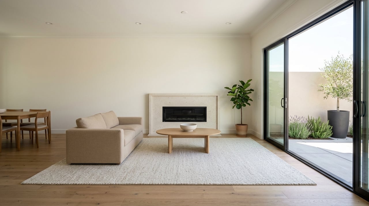 Refreshed great room with a sliding glass wall opening onto a patio beside a stucco privacy wall.
