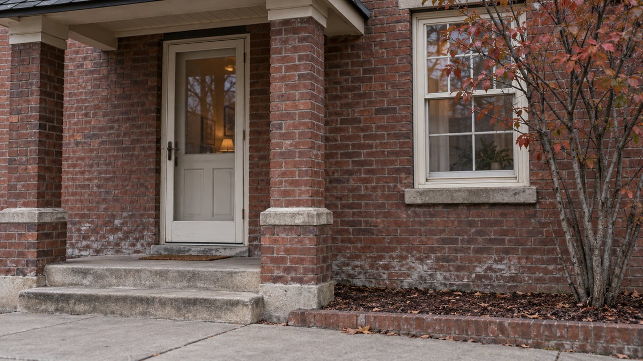 Red-brown brick house with a cream door, divided-light window, limestone steps, and sparse autumn leaves.