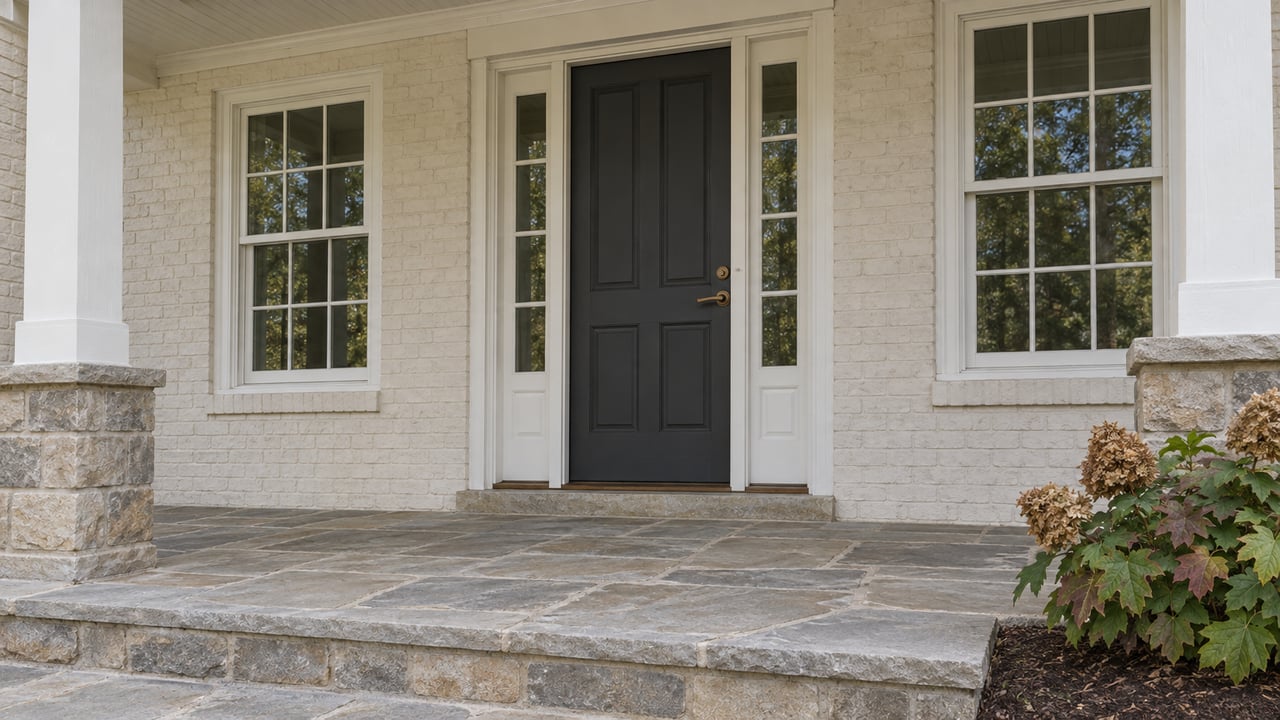 Covered front porch with ivory painted brick, a charcoal door, paired windows and a weathered stone landing beside oakleaf hydrangea.