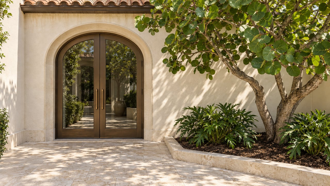 Cream stucco home entrance with arched bronze-framed glass doors, limestone paving, and a sculptural sea-grape tree in a raised planting bed.