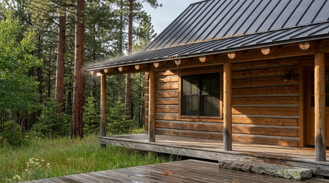 Log cabin porch with rain-wet decking, granite step, and pine forest beyond.