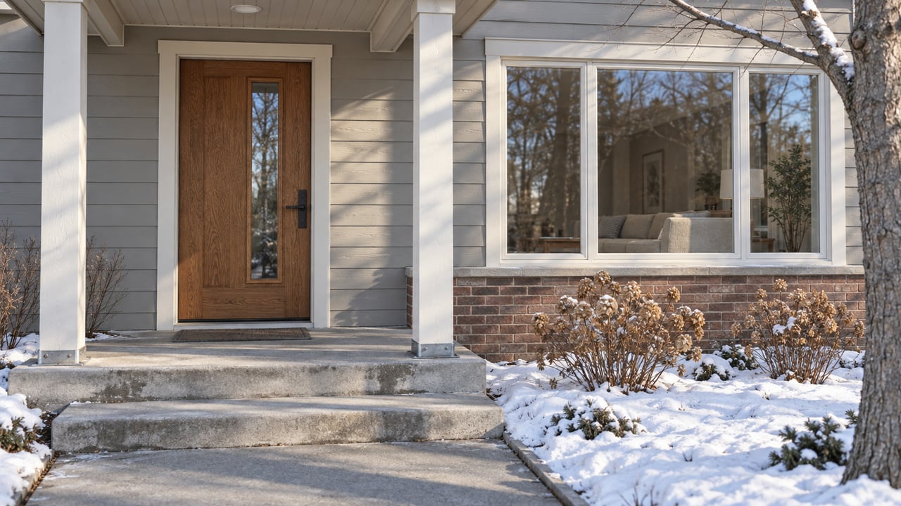 Winter sunlight on a covered home entrance with an oak door, brick accents, a broad living-room window, and snow beside the cleared concrete approach.