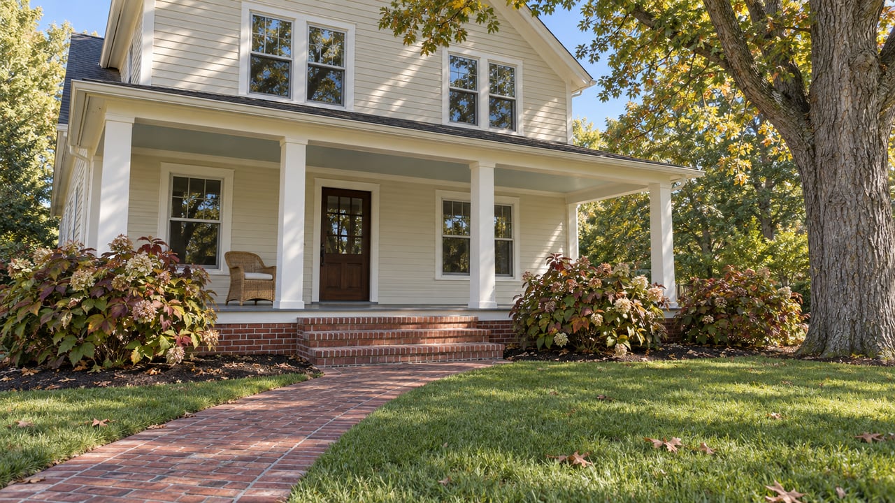 A brick garden walk crosses a lawn toward a deep white-columned porch on a two-story home beneath a mature oak.