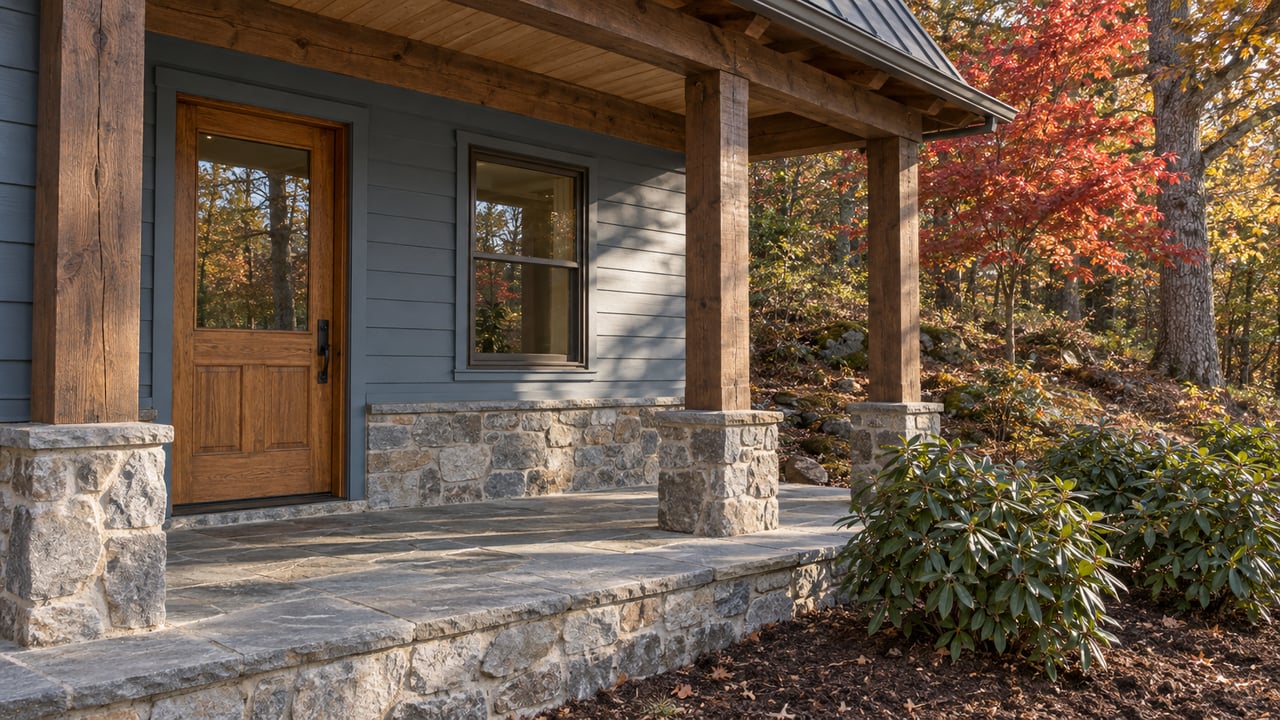 Timber-covered home entrance with blue-gray siding, a glazed oak door, stone terrace, and red autumn leaves on a wooded slope.