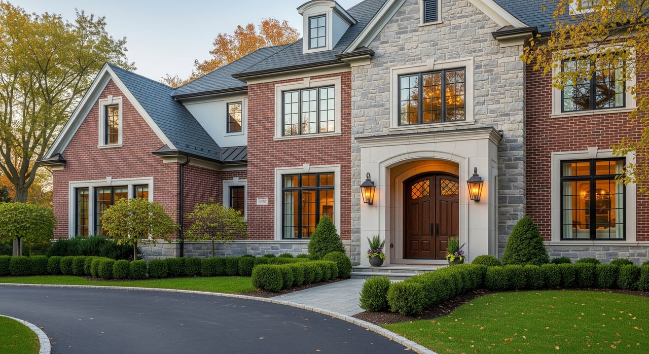 Large brick-and-stone house with a dark roof, arched wooden entry, and neatly trimmed hedges.