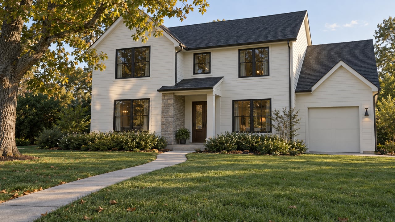 Two-story white house with a charcoal cross-gable roof, one garage, and a curved walk across a deep lawn.