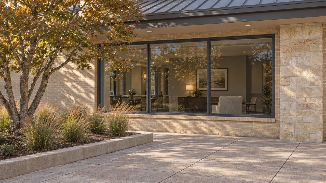 A landscaped courtyard terrace beside an enclosed lounge bay, with buff masonry, charcoal window frames and an oak tree.