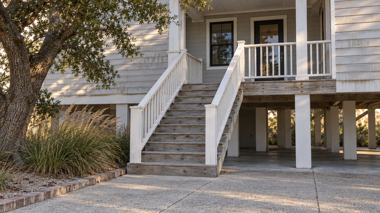 Raised pale-sided house with a broad wooden staircase, white railings, and an open ground level.