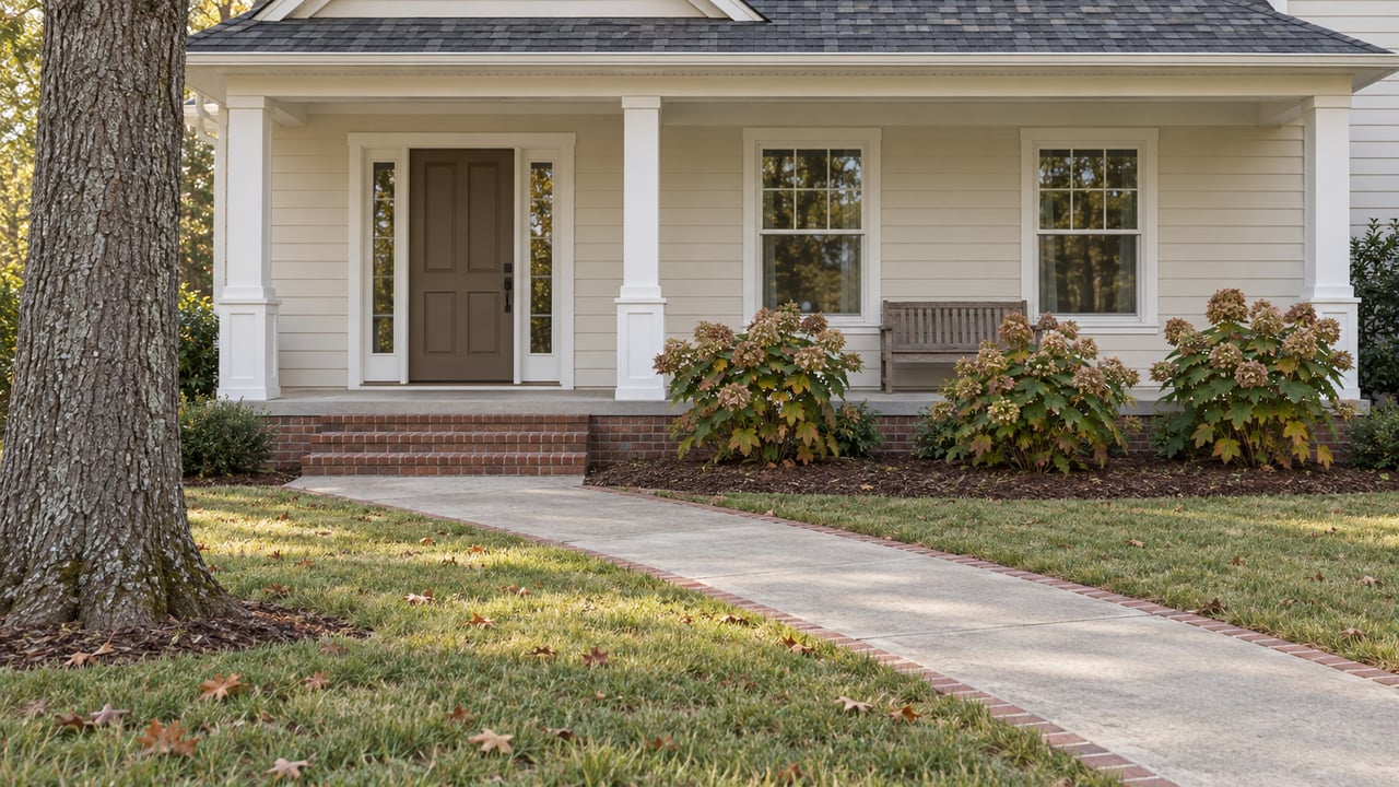 Ivory-sided traditional home with a brick-based front porch, a teak bench, and a deep lawn beneath a mature white oak.