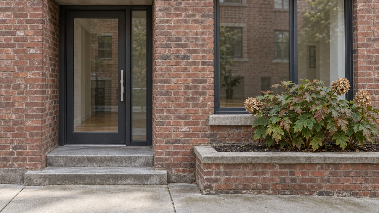 Brick building entrance with a black-framed glass door, concrete steps, and a raised planter.