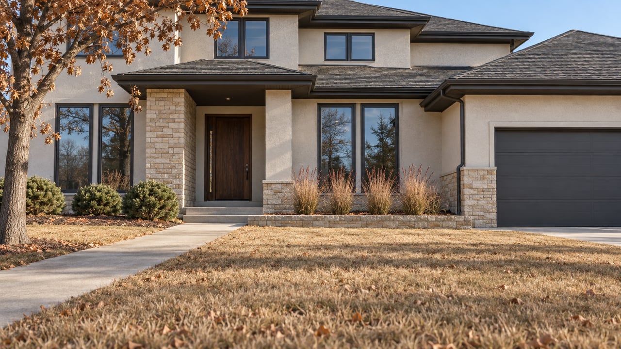 Late-autumn light across a stone-and-stucco home, deep tawny lawn, dark-framed windows and a sheltered walnut entry.