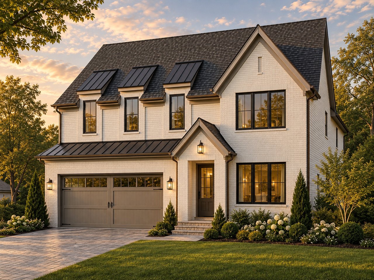 White-brick two-story home with a dark gabled roof, double garage, and landscaped entry at sunset.