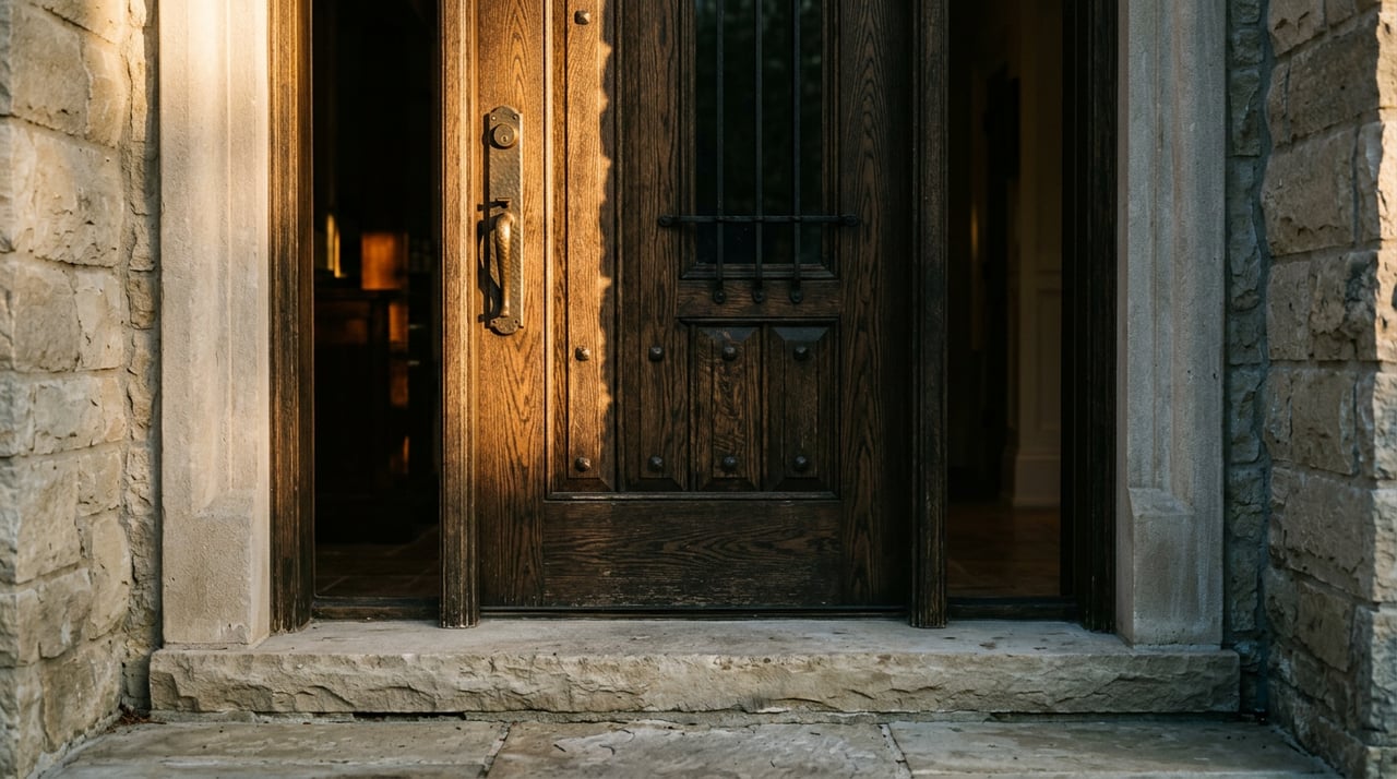 Oak door with bronze pull, concrete jamb, and orange-red leaves on bluestone threshold.