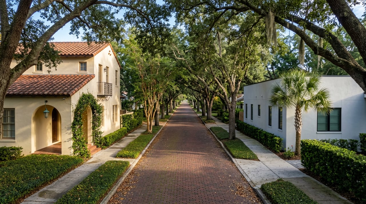 Oak-canopied brick street between a Mediterranean Revival home and a modern stucco house.