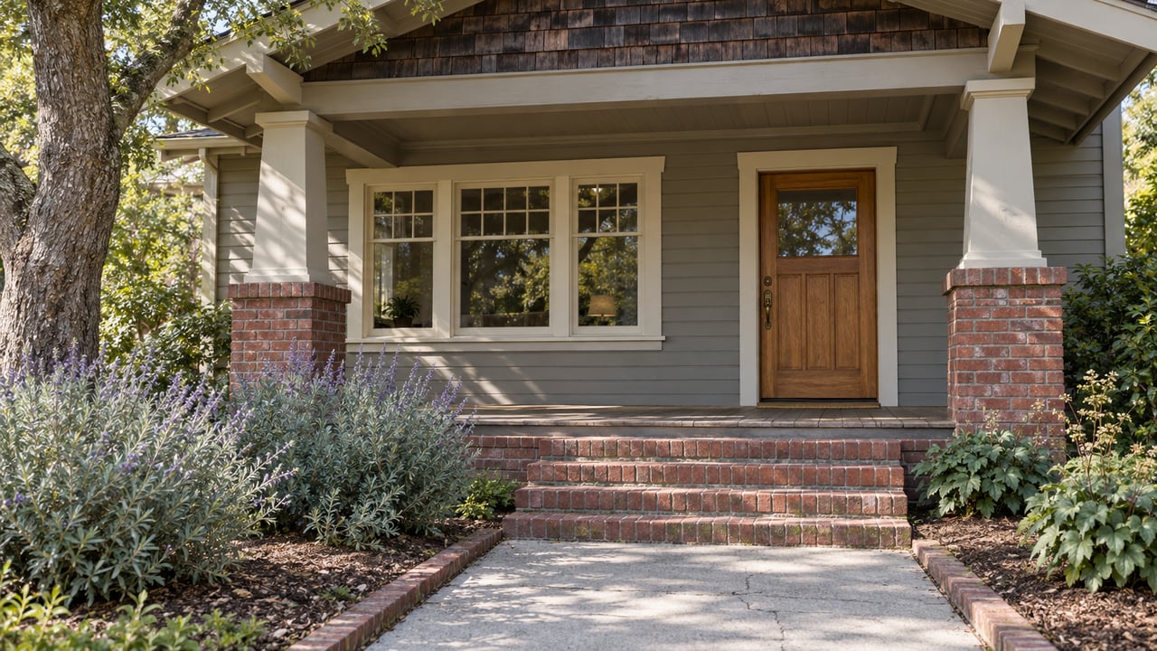 Wood bungalow entry with cedar-shingled gable, brick porch piers, aged fir flooring and a broad brick stair bordered by native planting.