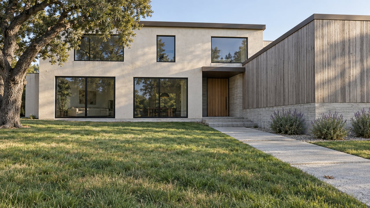 Contemporary two-story stucco and cedar house beyond a deep lawn, with a mature oak and broad concrete entry steps.