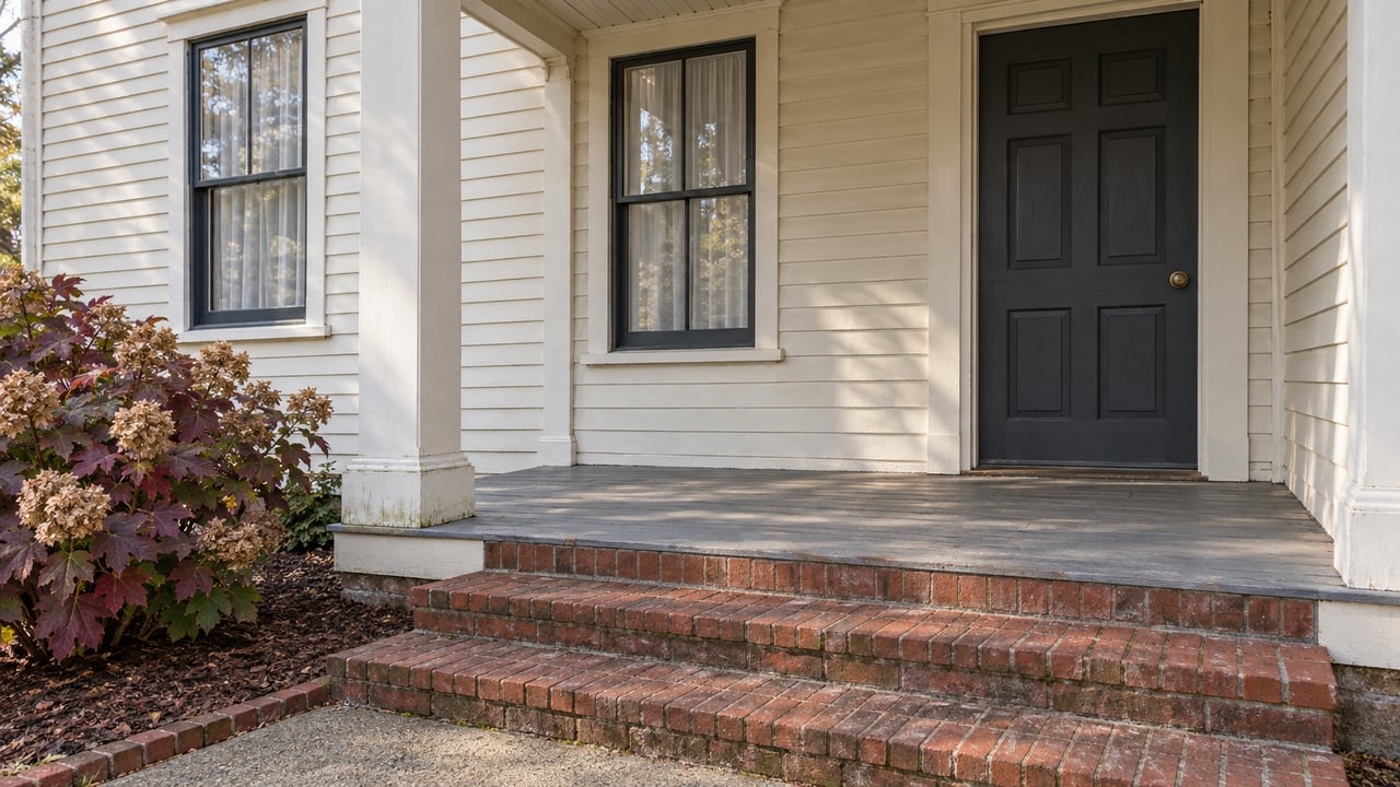 Cream clapboard house with dark sash windows, a charcoal entry door, weathered gray porch boards and red brick steps beside an oakleaf hydrangea.