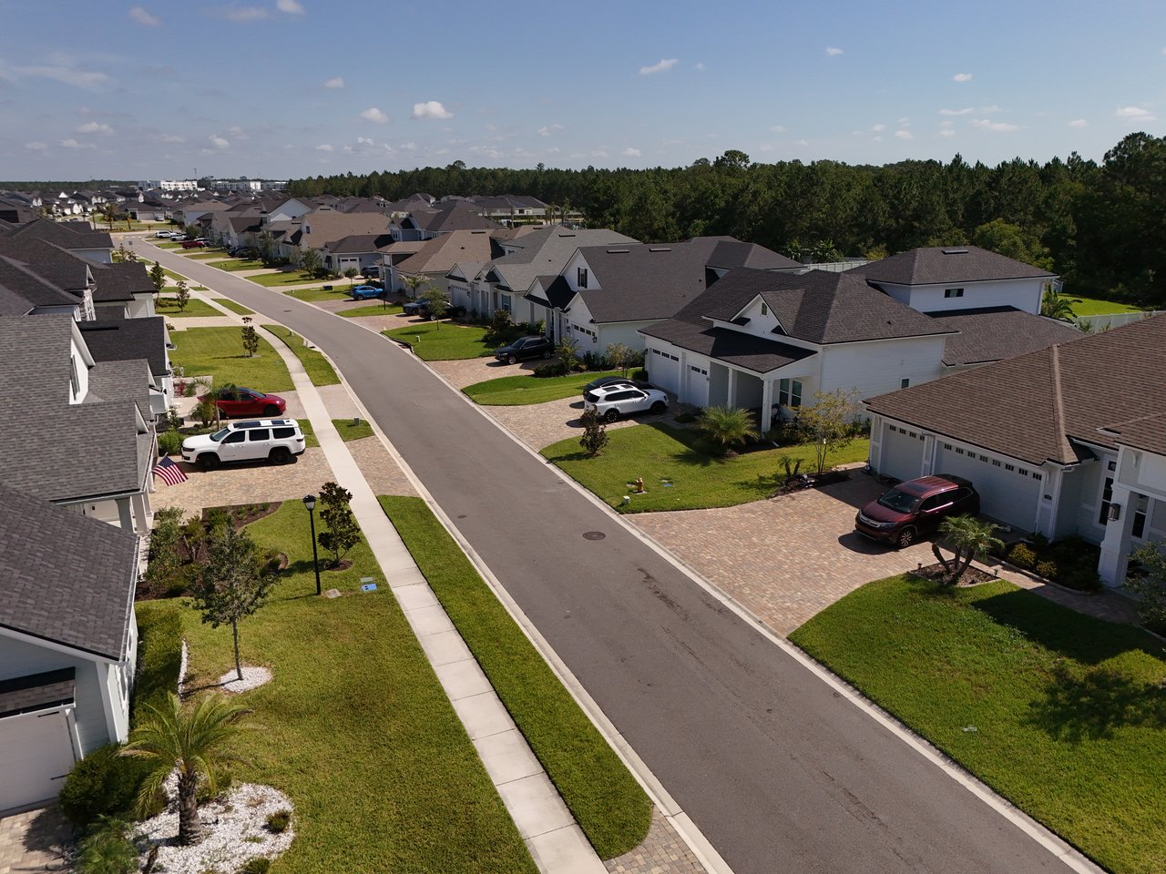 Aerial view of a residential neighborhood with detached homes along a quiet street.