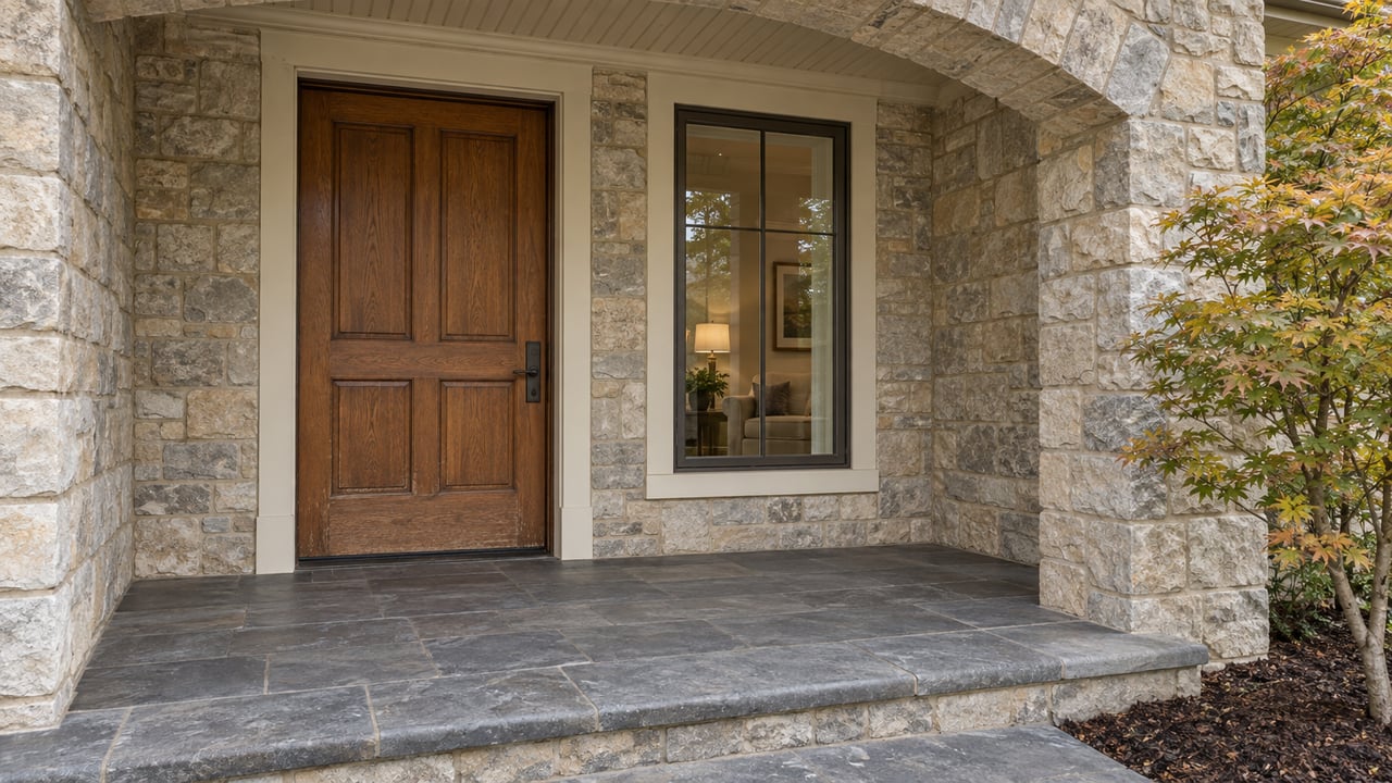 Covered stone entry with a stained wood door, bronze-framed window, slate porch and an amber-leaved vine maple.