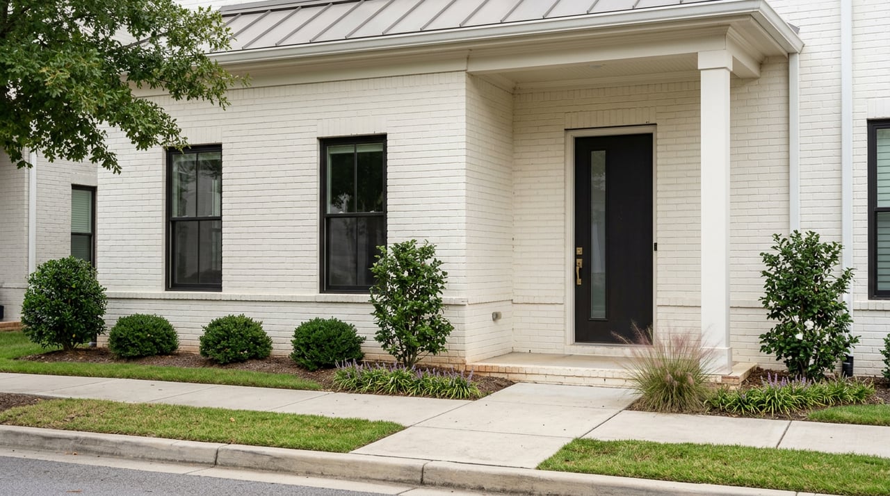 White-painted brick townhome with a dark entry door, two windows, and clipped shrubs along the foundation.