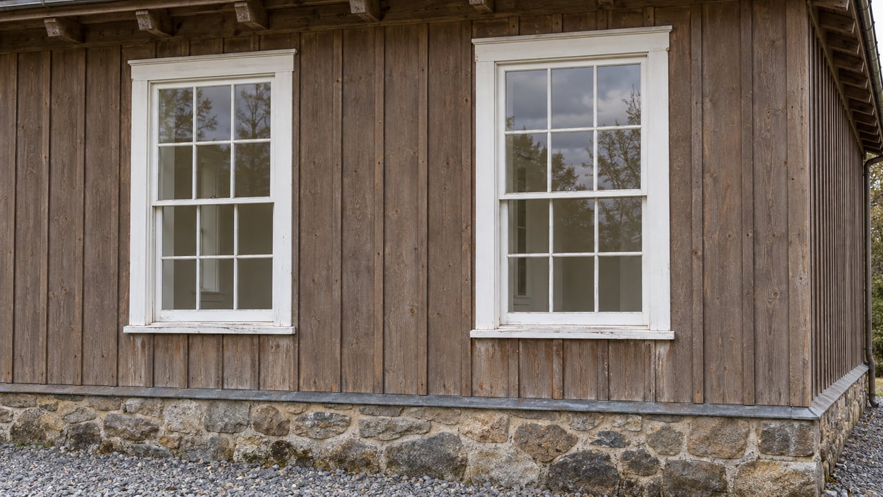Two white-trimmed sash windows in weathered timber siding above a rough stone foundation, photographed in soft autumn light.