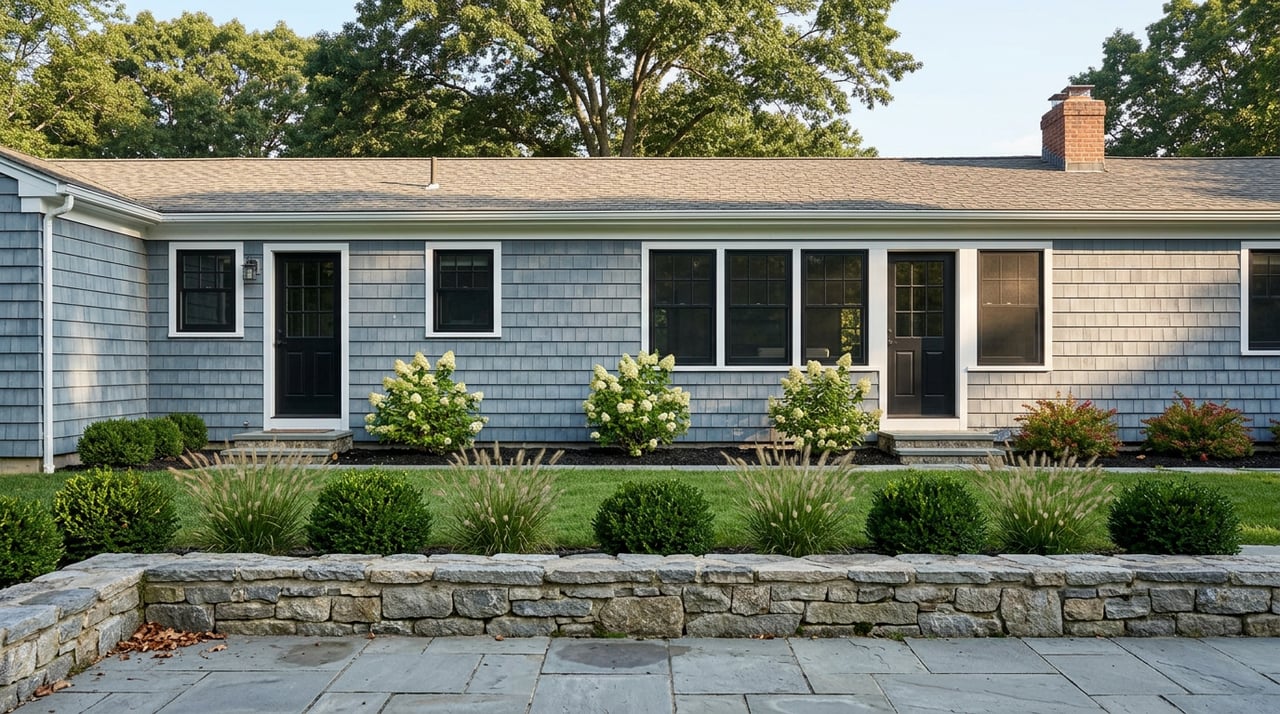 Rear facade with blue-gray cedar shingles, black-framed windows, and a stone terrace beside a clipped lawn and oak canopy.
