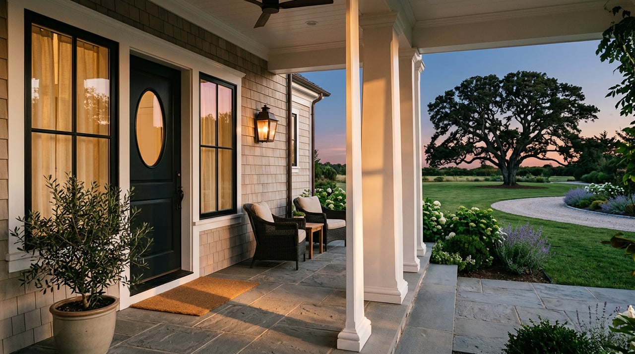 White porch columns frame a bluestone lawn path leading to a moss-draped oak at dusk.