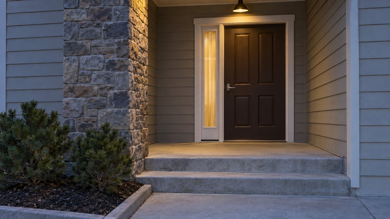 Blue-hour view of a recessed front entry with greige siding, a stone-clad pier, warm porch light and concrete steps.